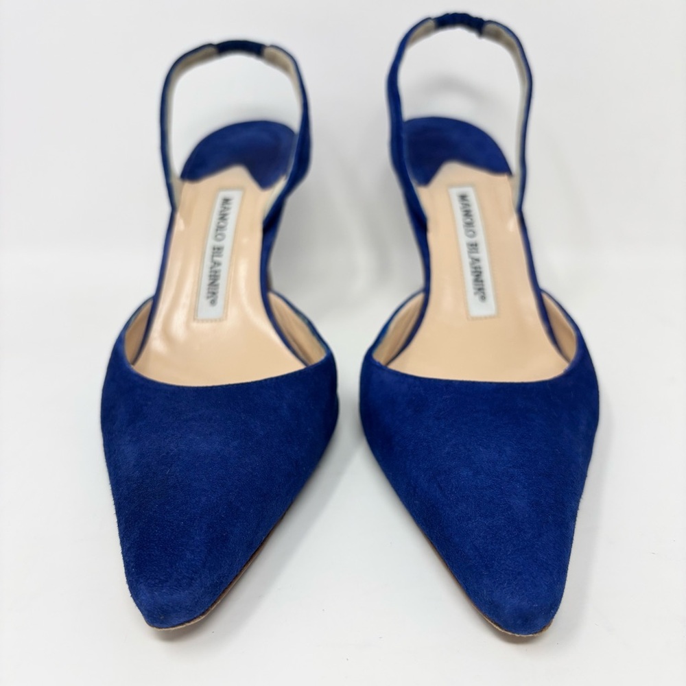 Manolo Blahnik Navy Blue Slingback Pointed-Toe Heels - Picture 7 of 16